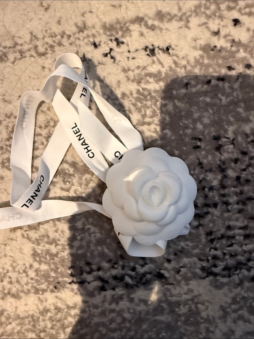 CHANEL White Camellia Ribbon Accent